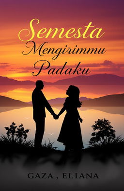 A romantic novel cover design for the title "Semesta Yang Mengirimmu Padaku" featuring an enchanting landscape that symbolizes love and connection