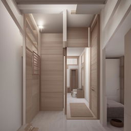 Generate an interior layout for a 45x45 area home, showcasing a visible staircase from the living room. Include a master bedroom, a small guest room, a temple, a combined kitchen and dining area, and a shared washroom.