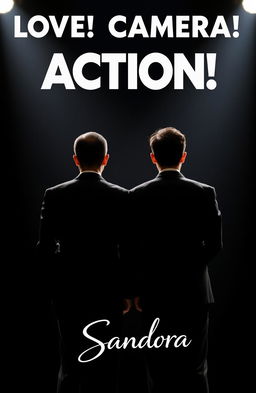 Two Thai male actors, both wearing sleek black suits, standing with their backs to the viewer