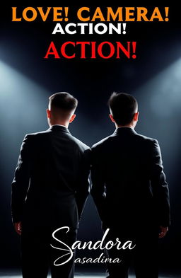 Two Thai male actors, both wearing sleek black suits, standing with their backs to the viewer
