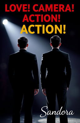 Two Thai male actors, both wearing sleek black suits, standing with their backs to the viewer