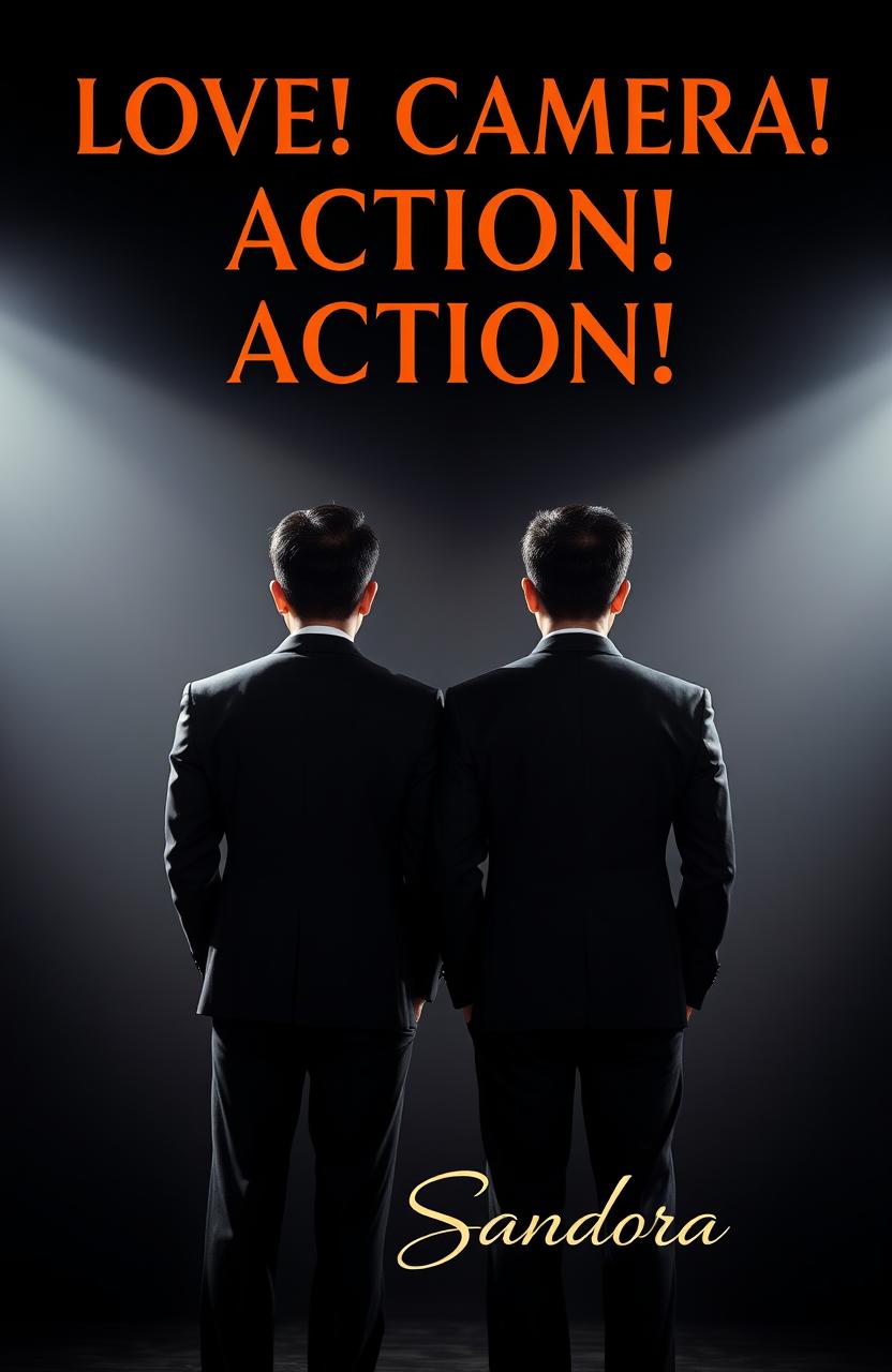 Two Thai male actors, both wearing sleek black suits, standing with their backs to the viewer