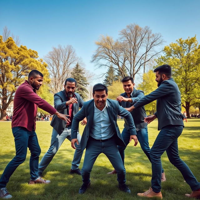 A tense and dynamic scene capturing a group of five men confronting a single man in a park