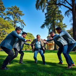 A tense and dynamic scene capturing a group of five men confronting a single man in a park