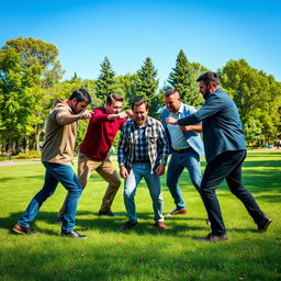 A tense and dynamic scene capturing a group of five men confronting a single man in a park