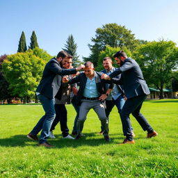 A tense and dynamic scene capturing a group of five men confronting a single man in a park