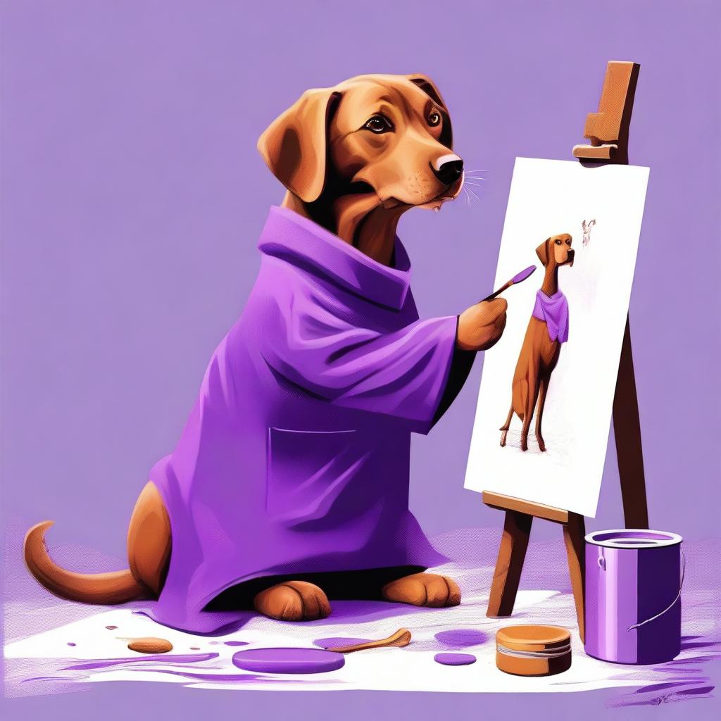 A captivating digital art image featuring an all-brown dog creating art