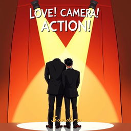 Two Thai male actors, both dressed in sleek black suits, standing with their backs to the viewer