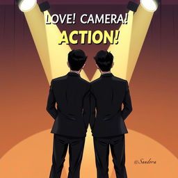 Two Thai male actors, both dressed in sleek black suits, standing with their backs to the viewer