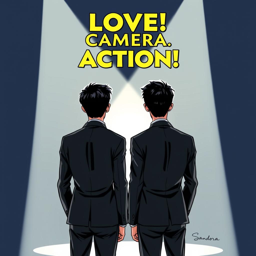 Two Thai male actors, both dressed in sleek black suits, standing with their backs to the viewer