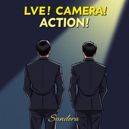 Two Thai male actors, both dressed in sleek black suits, standing with their backs to the viewer