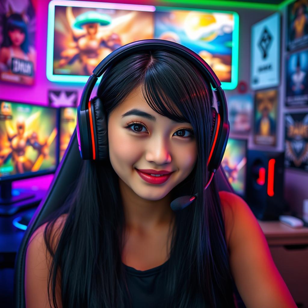 A stylish gamer girl with long, sleek black hair and cute dimples, wearing a trendy gaming headset
