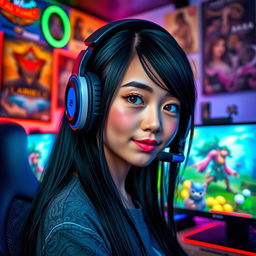 A stylish gamer girl with long, sleek black hair and cute dimples, wearing a trendy gaming headset