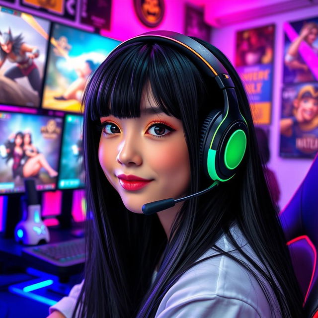 A stylish gamer girl with long, sleek black hair and cute dimples, wearing a trendy gaming headset