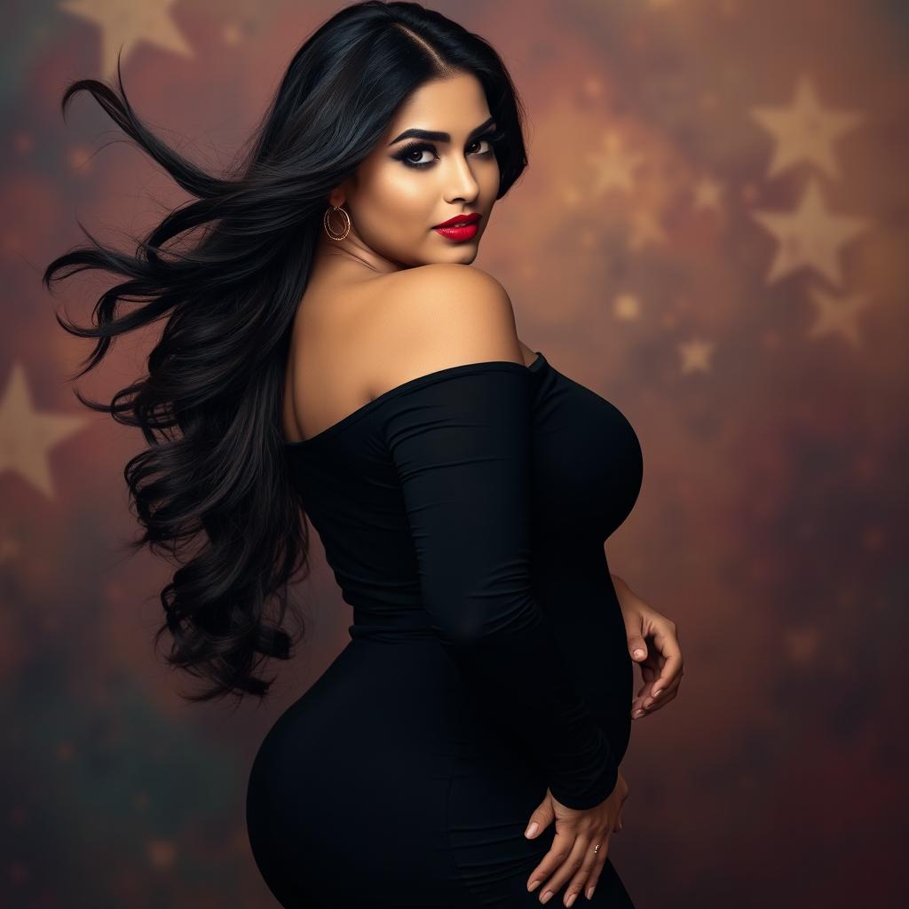 A striking portrait of an attractive Pakistani woman with a voluptuous figure and big curves, dressed in stylish and alluring attire
