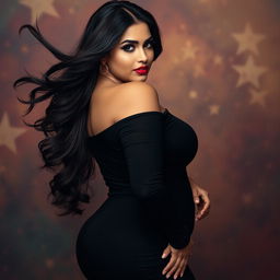 A striking portrait of an attractive Pakistani woman with a voluptuous figure and big curves, dressed in stylish and alluring attire