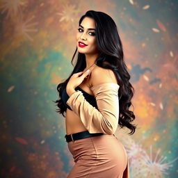 A striking portrait of an attractive Pakistani woman with a voluptuous figure and big curves, dressed in stylish and alluring attire