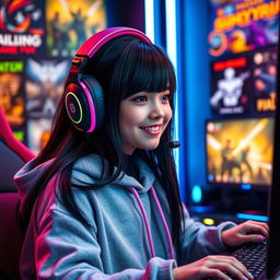 A stylish gamer girl with long black hair, wearing a trendy gaming headset and a cozy oversized hoodie, sitting in front of a colorful gaming setup filled with LED lights