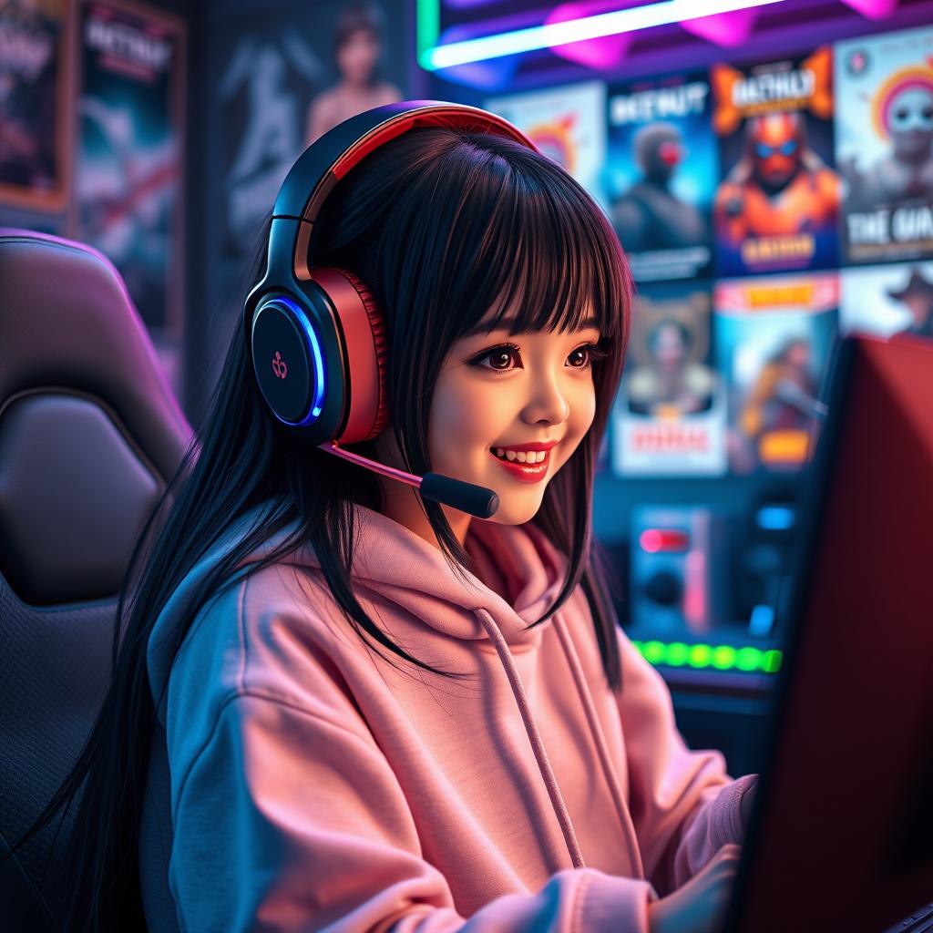 A stylish gamer girl with long black hair, wearing a trendy gaming headset and a cozy oversized hoodie, sitting in front of a colorful gaming setup filled with LED lights