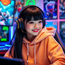 A stylish gamer girl with long black hair, wearing a trendy gaming headset and a cozy oversized hoodie, sitting in front of a colorful gaming setup filled with LED lights