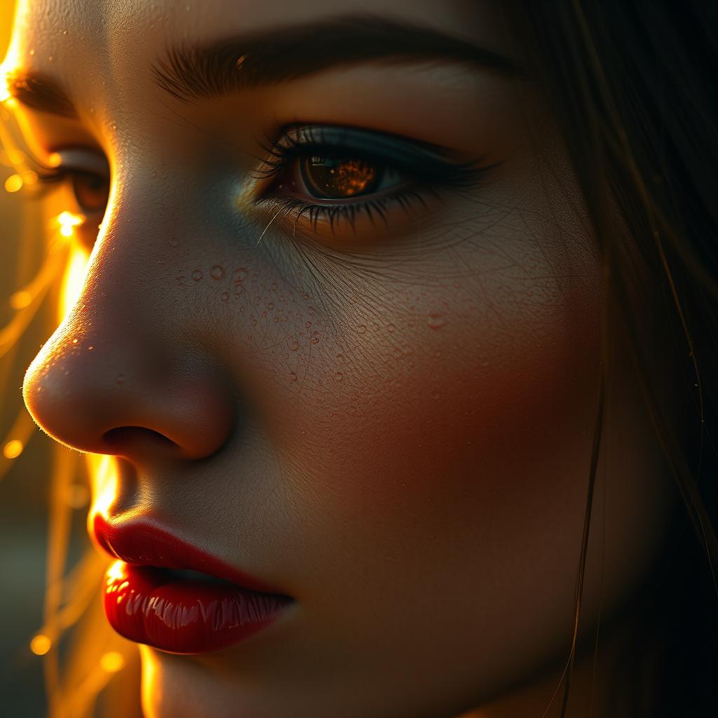 Ultra-realistic close-up of a woman's face, drenched in glistening water droplets, the golden sunlight reflecting off her wet skin creating a glowing, cinematic effect