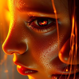 Ultra-realistic close-up of a woman's face, drenched in glistening water droplets, the golden sunlight reflecting off her wet skin creating a glowing, cinematic effect