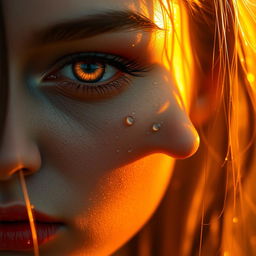 Ultra-realistic close-up of a woman's face, drenched in glistening water droplets, the golden sunlight reflecting off her wet skin creating a glowing, cinematic effect