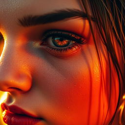 Ultra-realistic close-up of a woman's face, drenched in glistening water droplets, the golden sunlight reflecting off her wet skin creating a glowing, cinematic effect