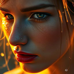 Ultra-realistic close-up of a woman's face, drenched in glistening water droplets, the golden sunlight reflecting off her wet skin creating a glowing, cinematic effect