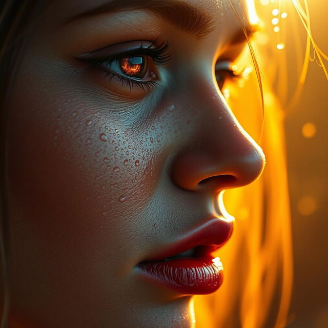 Ultra-realistic close-up of a woman's face, drenched in glistening water droplets, the golden sunlight reflecting off her wet skin creating a glowing, cinematic effect