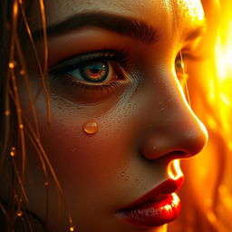 Ultra-realistic close-up of a woman's face, drenched in glistening water droplets, the golden sunlight reflecting off her wet skin creating a glowing, cinematic effect