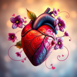 A beautifully detailed, artistic representation of a heart, depicting its intricate anatomy with vibrant colors