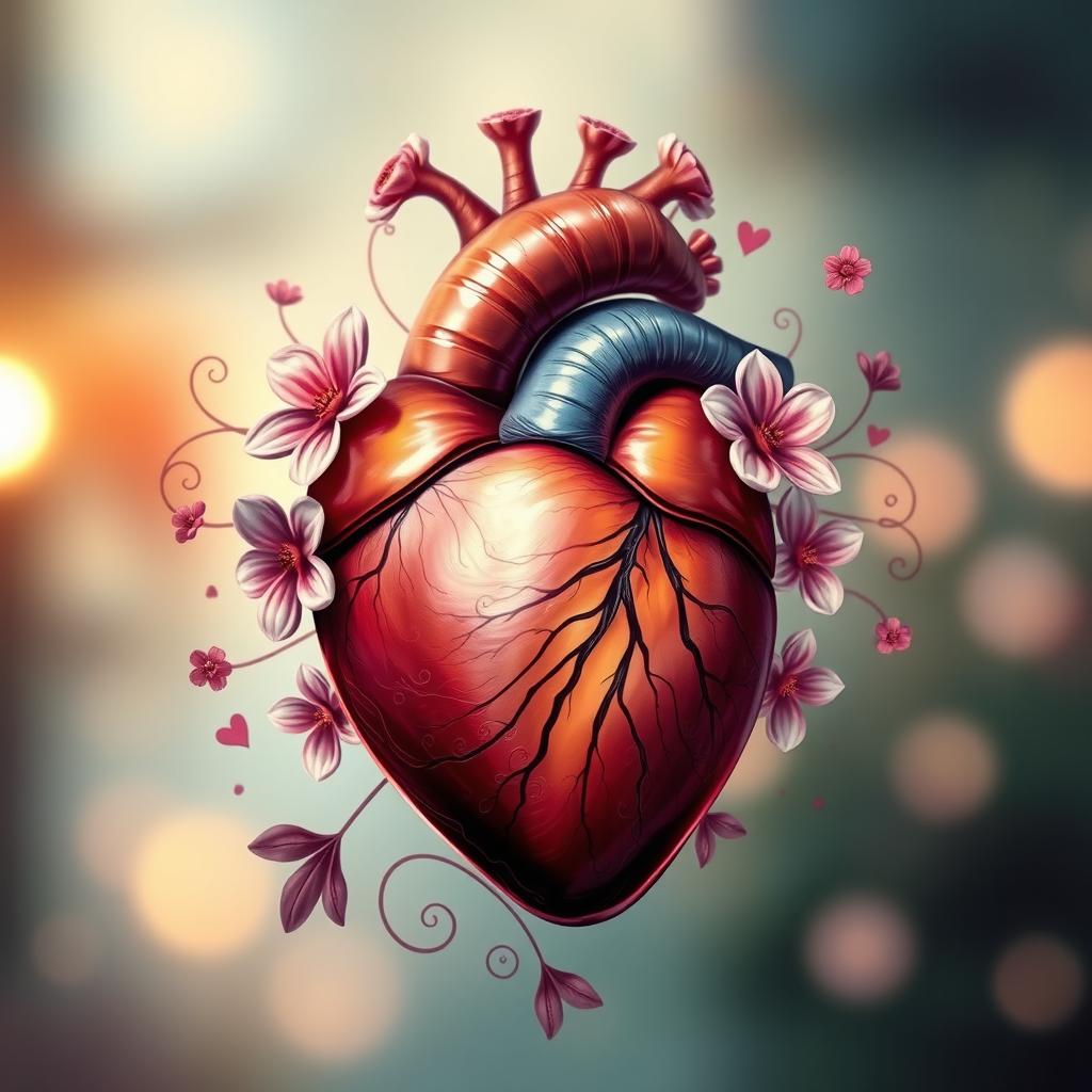 A beautifully detailed, artistic representation of a heart, depicting its intricate anatomy with vibrant colors