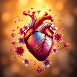 A beautifully detailed, artistic representation of a heart, depicting its intricate anatomy with vibrant colors