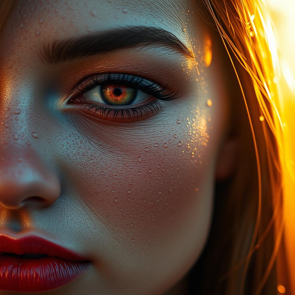 Ultra-realistic close-up of a woman's face, drenched in glistening water droplets, the golden sunlight reflecting off her wet skin creating a glowing, cinematic effect