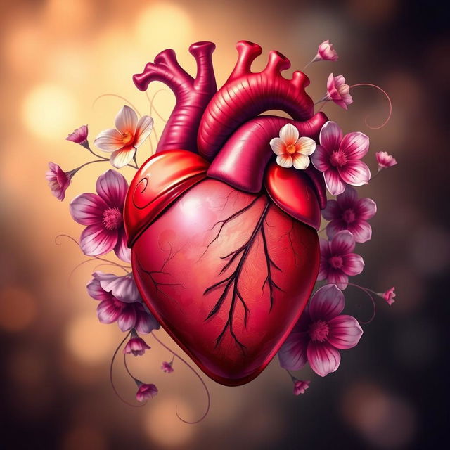 A beautifully detailed, artistic representation of a heart, depicting its intricate anatomy with vibrant colors