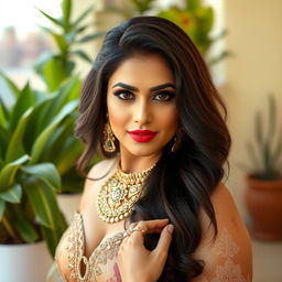 A captivating portrait of a curvy Pakistani woman with voluptuous features, showcasing her confidence and allure