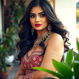 A captivating portrait of a curvy Pakistani woman with voluptuous features, showcasing her confidence and allure