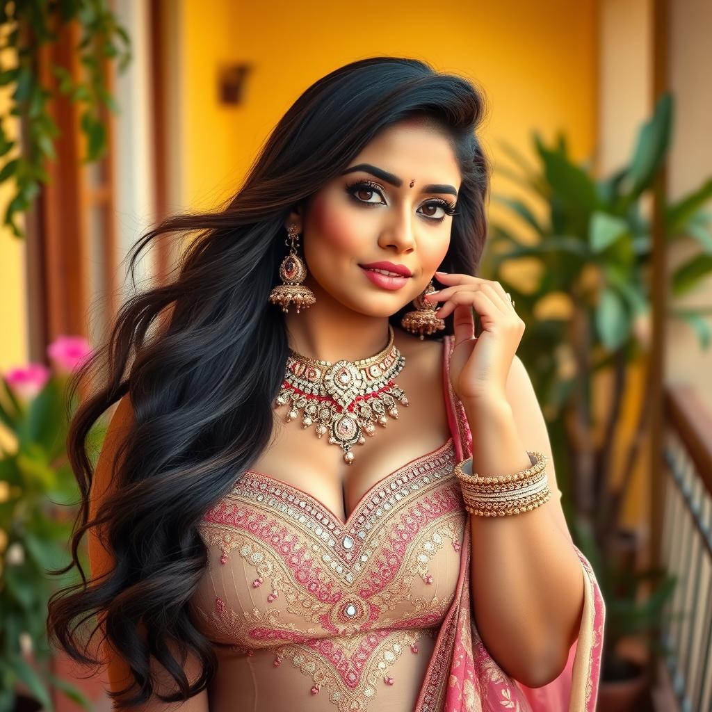 A captivating portrait of a curvy Pakistani woman with voluptuous features, showcasing her confidence and allure