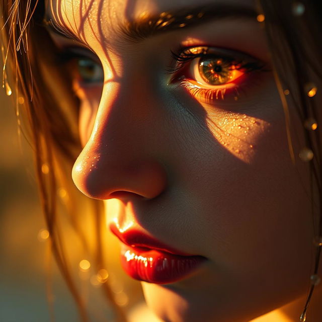 Ultra-realistic close-up of a woman's face, drenched in glistening water droplets, with golden sunlight reflecting off her wet skin creating a glowing, cinematic effect