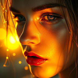 Ultra-realistic close-up of a woman's face, drenched in glistening water droplets, with golden sunlight reflecting off her wet skin creating a glowing, cinematic effect