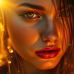 Ultra-realistic close-up of a woman's face, drenched in glistening water droplets, with golden sunlight reflecting off her wet skin creating a glowing, cinematic effect