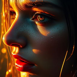 Ultra-realistic close-up of a woman's face, drenched in glistening water droplets, with golden sunlight reflecting off her wet skin creating a glowing, cinematic effect