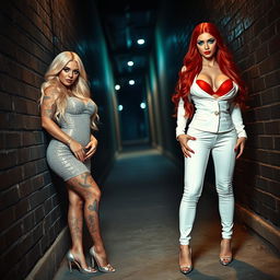 In a dimly lit alley, two stunning young women lean against opposite walls facing the viewer with seductive expressions