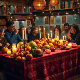 A cozy, festive setting depicting a traditional Yalda Night celebration
