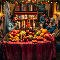 A cozy, festive setting depicting a traditional Yalda Night celebration
