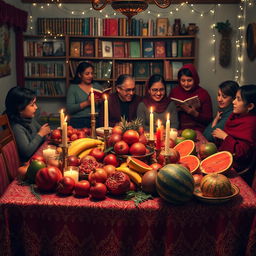 A cozy, festive setting depicting a traditional Yalda Night celebration