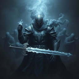 A dark knight whose armor is made of flowing smoke and shadows, with glowing rune-like symbols hovering over his arms and chest