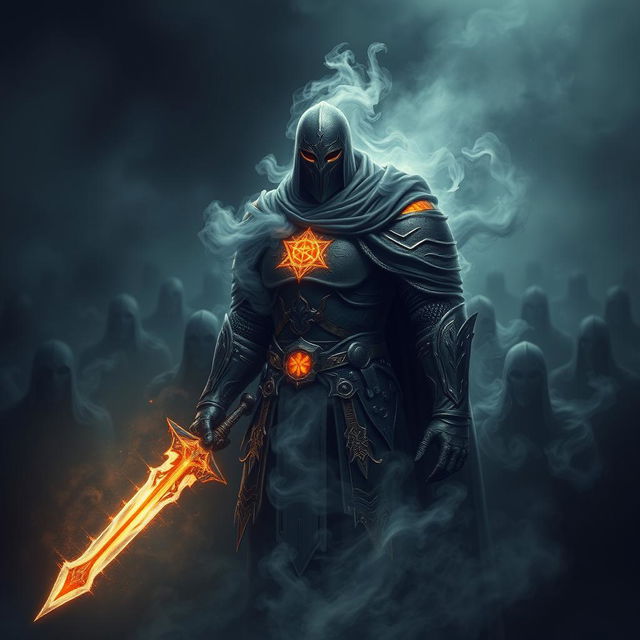 A dark knight whose armor is made of flowing smoke and shadows, with glowing rune-like symbols hovering over his arms and chest