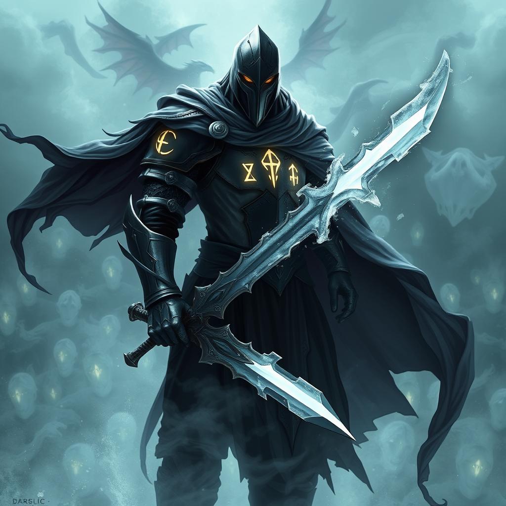 A dark knight whose armor is made of flowing smoke and shadows, with glowing rune-like symbols hovering over his arms and chest